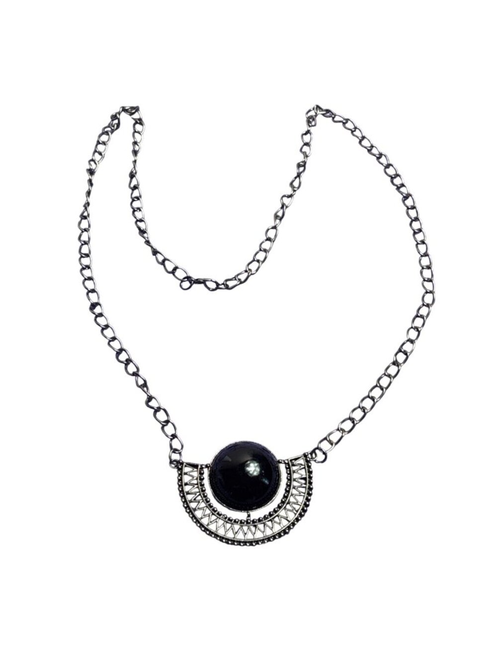 MS Signed Gunmetal Chain Half Circle Necklace Black Plastic Cabochon
